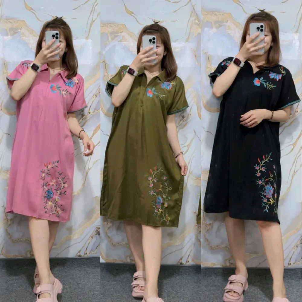 Sheila Dress Bordir Rayon Twill Motif Kerah Busui Midi  Wanita Santai Tangan Pendek Nyaman - Daster Bordir Premium