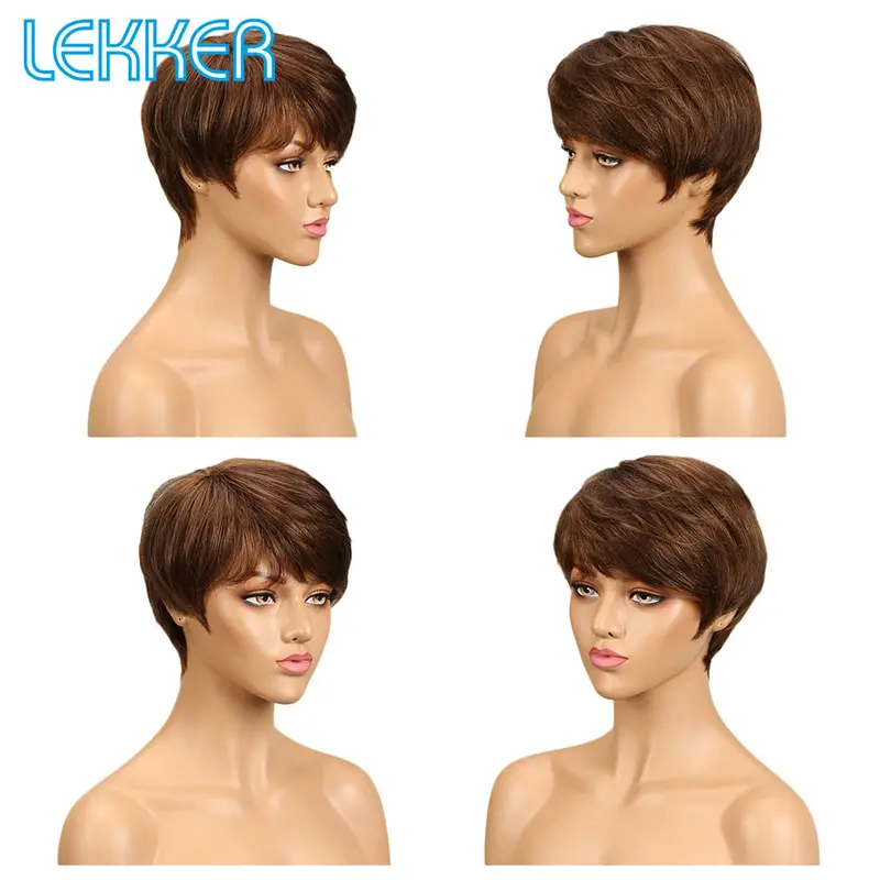 Tóc Giả Bằng Tóc Người Thật, Lekker, Mặc Và Đi, Tóc Vàng Vàng Thẳng Ngắn, Kiểu Cắt Pixie Bob, Có Mái, Dành Cho Nữ, Tóc Remy Brazil, Dễ Đội 4