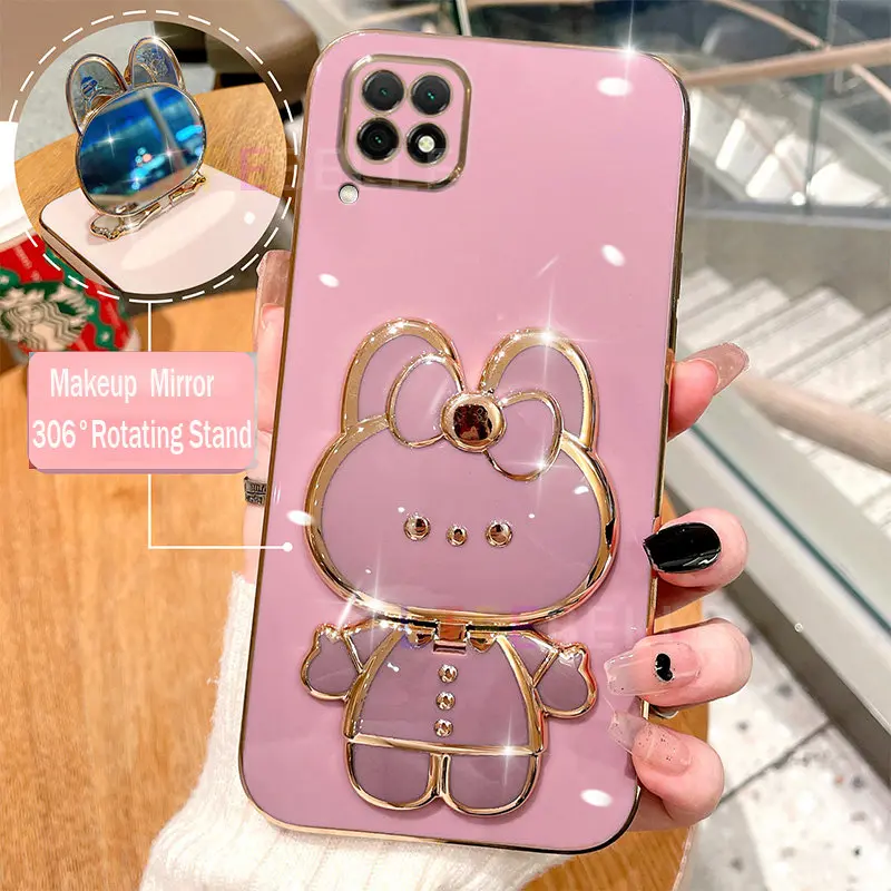 Casing for Samsung Galaxy A22 4G A12 A42 5G M12 Case, Fashion Plating Soft Phone Case with 3D Cute Rabbit Makeup Mirror 306° Rotating Stand Cartoon Couple Cases