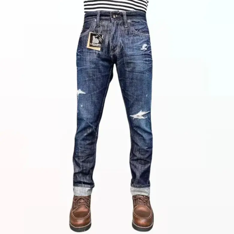 Celana Jeans Ripped Pria Lecaso Denim Slim Straight Distro Non Street Wringkle Drack Blue Casual Distro - Panjang, Motif