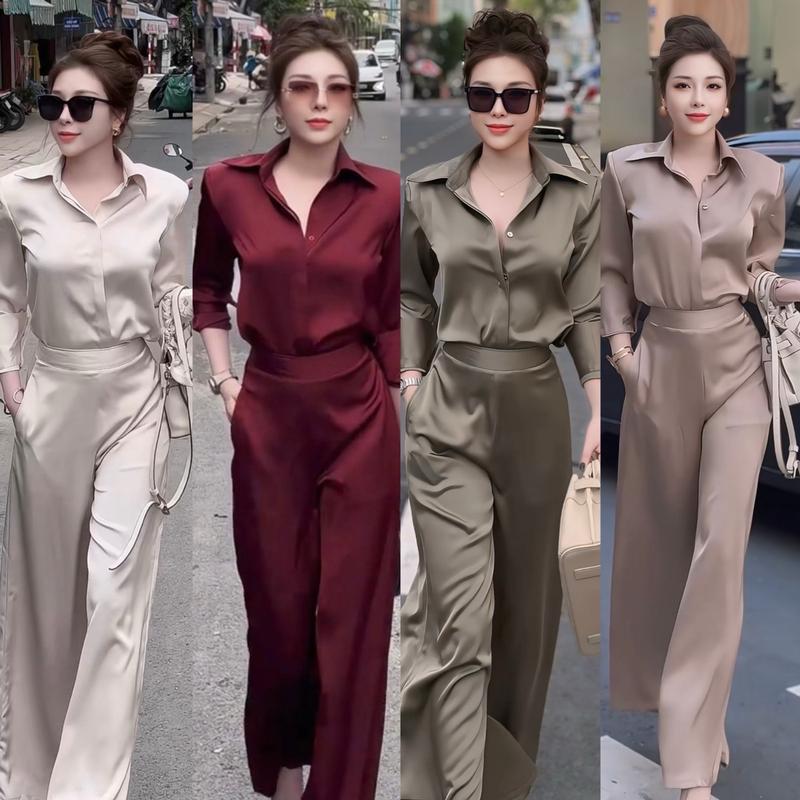  003Sét sơ mi lụa tô châu đệm vai 2 Quần Ống Rộng Nhiều Màu Sắc Dành Cho Nữ Chất Liệu Nổi Bật Cao Cấp Nhấn Mách Chất Liệu Và Sự Cao Cấp 