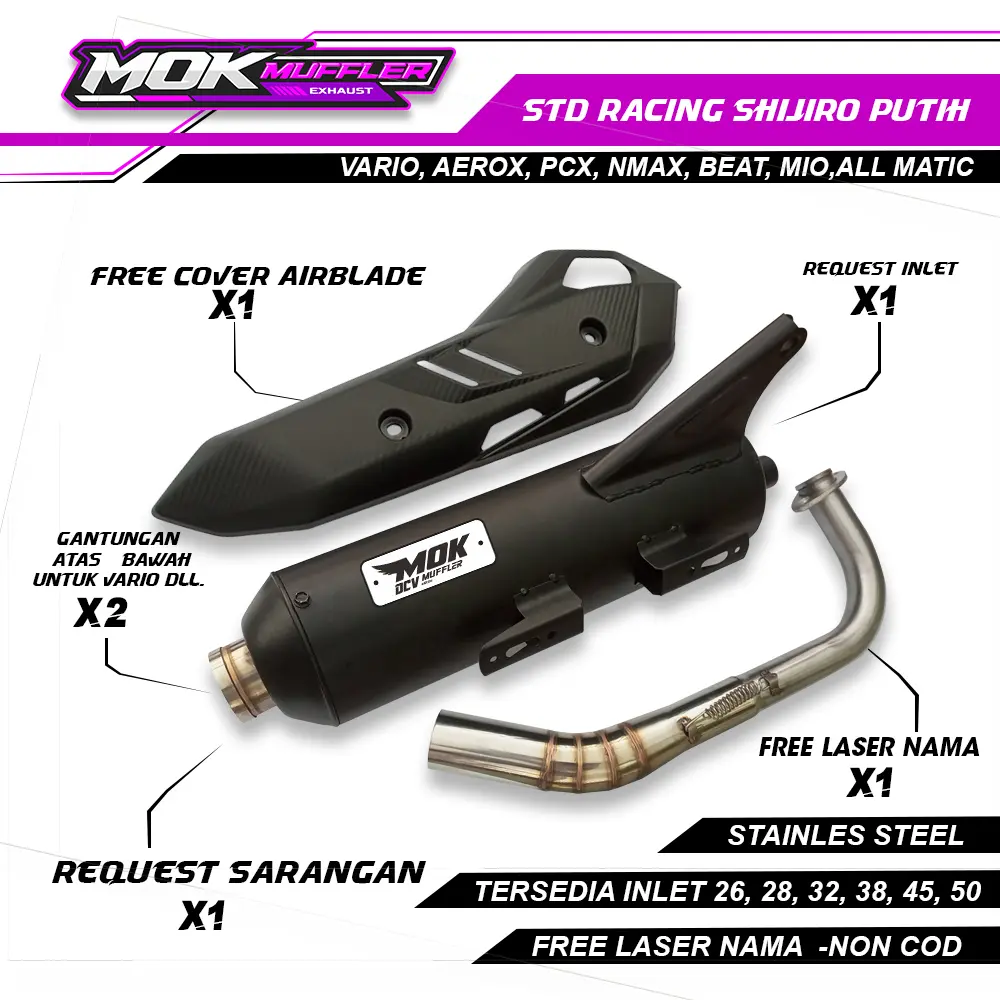 Knalpot Standar Racing Shijiro Gantungan Atas Bawah Free Cover Emblem White Aerox Nmax Vario Pcx Beat Mio All Matic