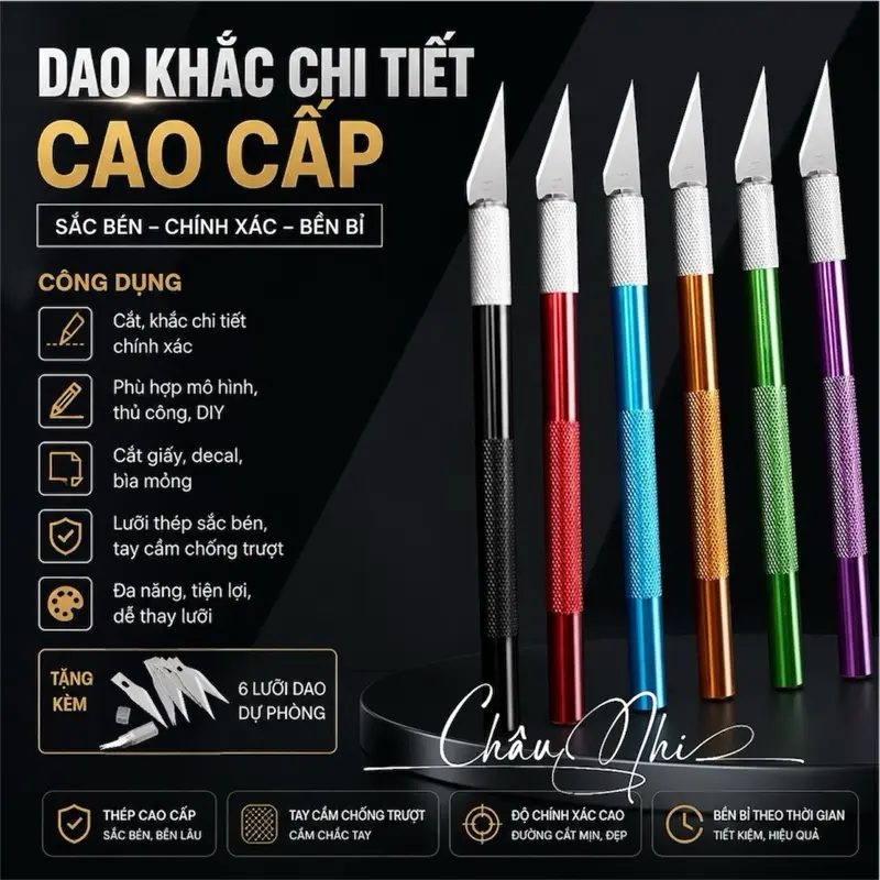 (4 CHẤU KIM LOẠI NGUYÊN KHỐI) Dao Cắt Washi Tape Tỉa Sticker, Dụng Cụ Dán Bullet Journal Tiện Lợi Kèm 6 Lưỡi Dao - Châu Nhi