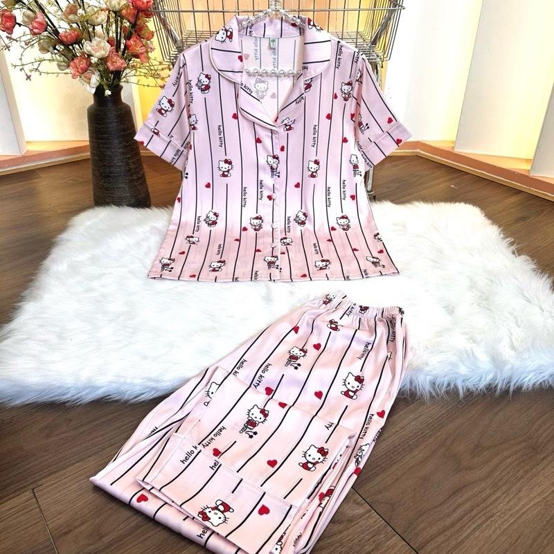 LỤA LATIN SPK K26 45-85kg Pijama latin lụa mịn thiết kế hoạ tiết kitty hồng sang trọng có tay ngắn tay dài Nữ Women Áo Ngủ Quần Ngủ