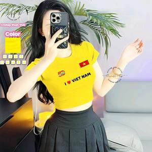 [Thun Thái] Áo Croptop Nữ Dáng Ngắn Ôm Body Thun Thái Form Basic Cổ Tròn Tay Ngắn Mẫu Trơn In Hình 50 Năm Cờ Đỏ Sao Vàng I Love Việt Nam, Áo Kỷ Niệm, Quốc Khánh 2/9, Áo Thun Việt Nam, Áo Thun Quê Hương