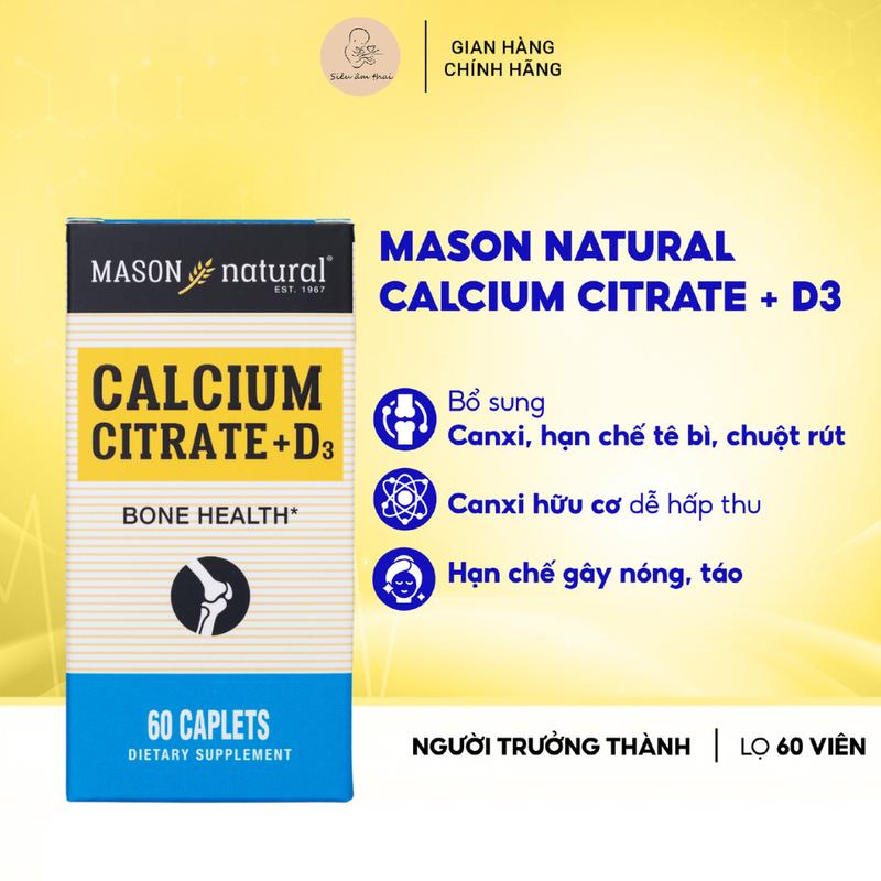 Canxi hữu cơ mát Mason Natural Calcium Citrate + D3 - Hỗ trợ bổ sung canxi cho mẹ bầu
