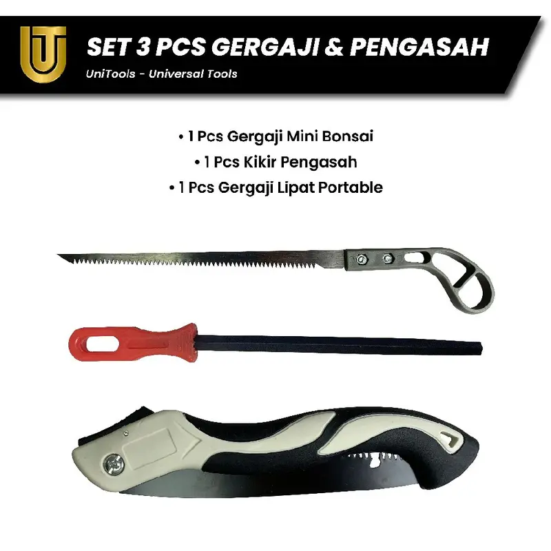 Set 3 pcs, Gergaji Lipat Portable, Gergaji mini Bonsai Gergaji Tangan SK5 Baja Karbon Tinggi dan Kikir gergaji 6 inchi alat pengasah gergaji 1