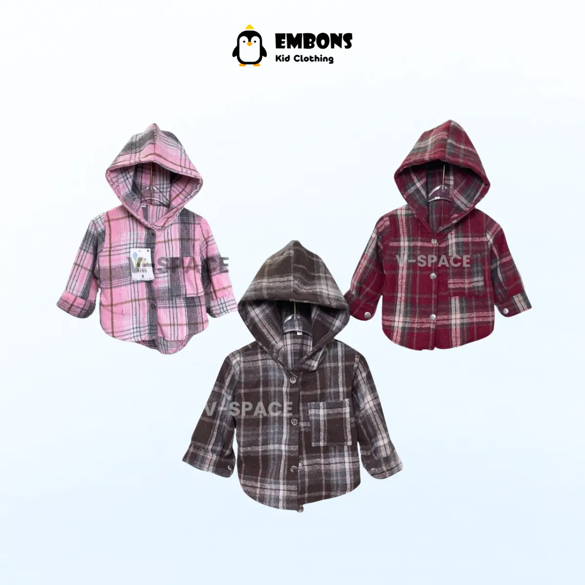 Áo sơ mi dạ có mũ cho bé EMBONS chống nắng kẻ caro phong cách Hàn Quốc chất liệu dạ ép Flannel mềm mịn 10-40kg