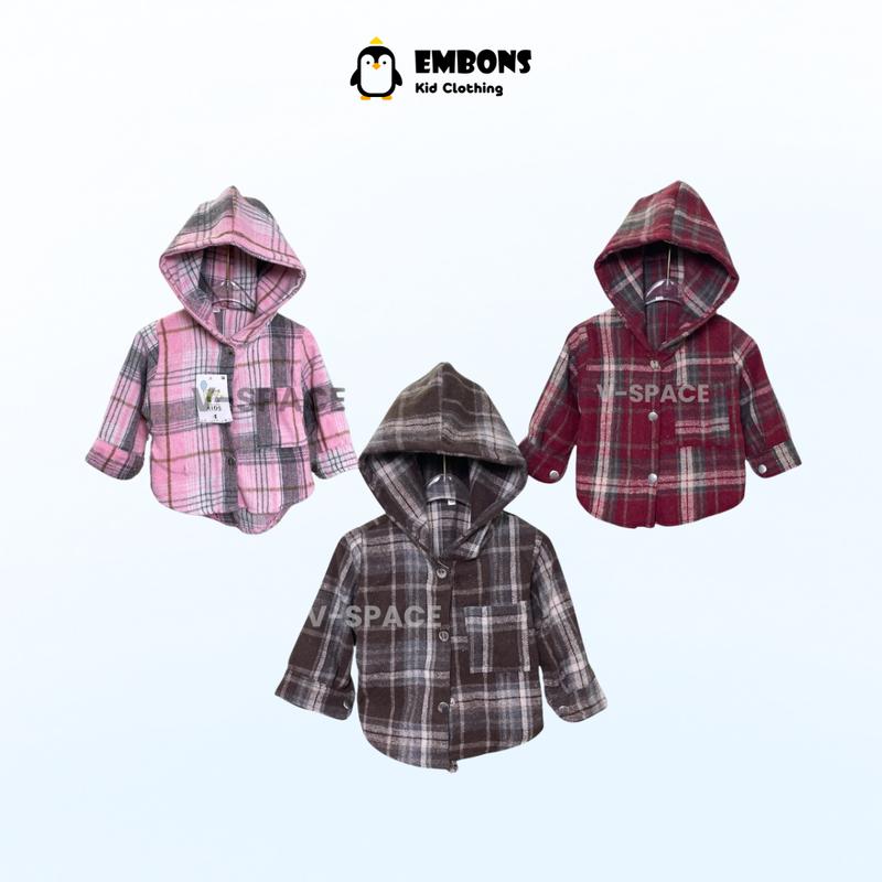 Áo sơ mi dạ có mũ cho bé EMBONS chống nắng kẻ caro phong cách Hàn Quốc chất liệu cotton Flannel mềm mịn 10-40kg