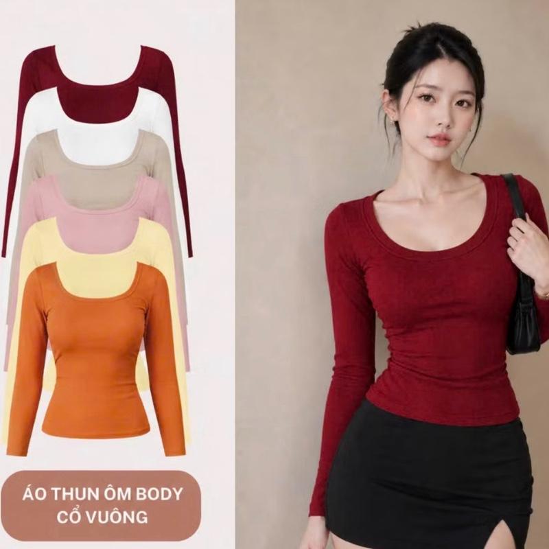 A24g Áo thun nữ tay dài phom dài cổ U ôm sát body tôn dáng cotton mềm mịn co…