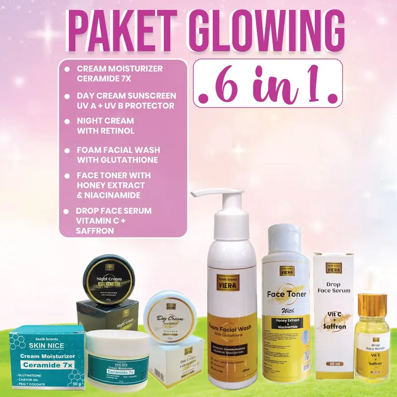 Paket skincare Komplit Glowing 6 in 1 (Moisturizer Ceramide 50g/30g, Day Cream Sunscreen, Night Cream Retinol, Serum  Vitamin C Saffron , Toner & Facial Foam) - Wajah, Membantu Mencerahkan, Pelembab Niacinam 0