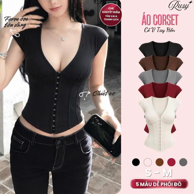 Áo Kiểu Corset Nữ Cổ Chữ V Tay Hến Gài Khuy Chất Vải Borip Co Giãn 4 Chiều Ôm Body TN18 RUSY