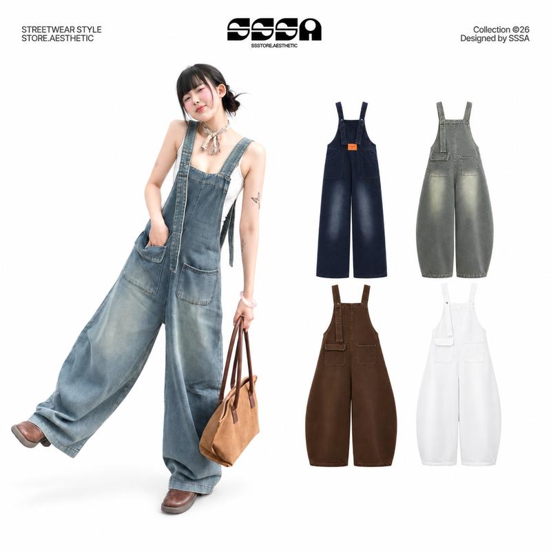 Quần Yếm Jeans SSS.A Form Unisex Túi Rộng Cá Tính Chất Vải Denim Form Rộng Che…