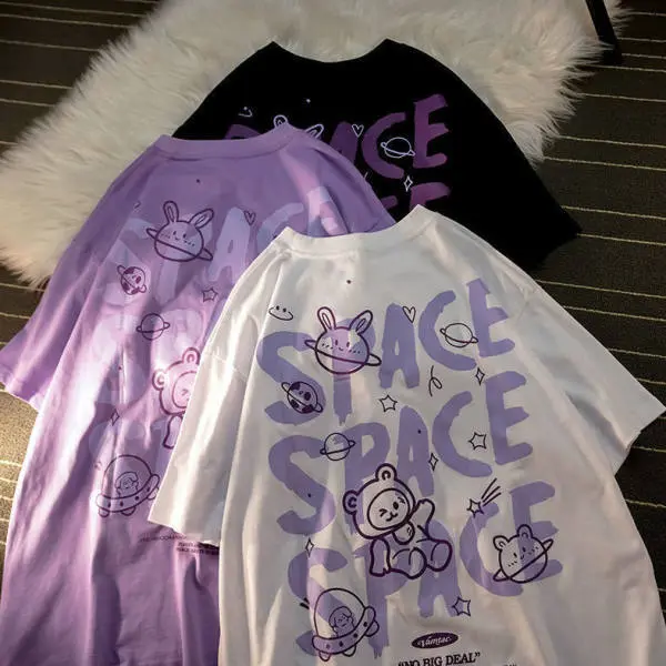 [luckydino] Kaos Oversize Space Beruang Bulan Kaos Unik Luar Angkasa Kaus Couple Unisex Planet Tshirt Berkualitas Baju Couple Korean Style Hitam Kain