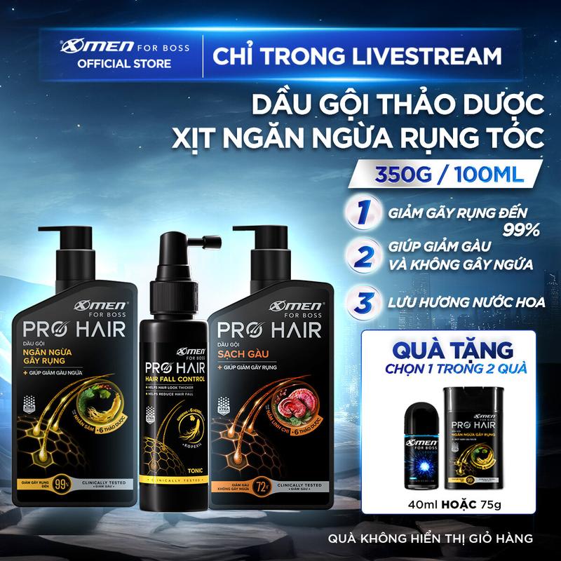 [MỚI][COMBO MUA 1 TẶNG 1] Dầu Gội Xmen for Boss Pro Hair Ngăn Gãy Rụng Tóc/Sạch Gàu 350g/Xịt Ngăn Ngừa Rụng Tóc + Tặng DG Ngăn Gãy Rụng 75g hoặc Lăn Legend 40ml-Chiết Xuất Nhân Sâm & 6 Loại Thảo Dược