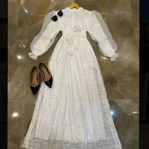 Raya Dress Brukat + Koleksi Hari Raya + Baju Lebaran + Gamis Putih + Dress Wanita Cantik + Gamis Lebaran 2026 Formal Lembut Muslim Nyaman Organza Panjang