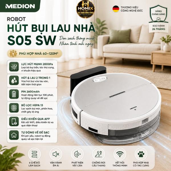 Robot Hút Bụi Lau Nhà Medion S05 SW Hút Bụi Và Lau Nhà, Kết Nối App, Hàng chính…