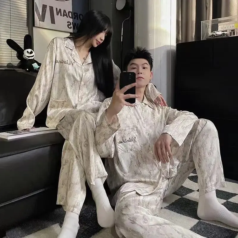 Bộ Đồ Ngủ Cặp Đôi, Chất Liệu Lụa Nhân Tạo, Dành Cho Nữ, Mỏng, Dài Tay, Phong Cách Người Nổi Tiếng Trên Internet, Bộ Đồ Mặc Nhà Nam Cao Cấp, Mùa Xuân