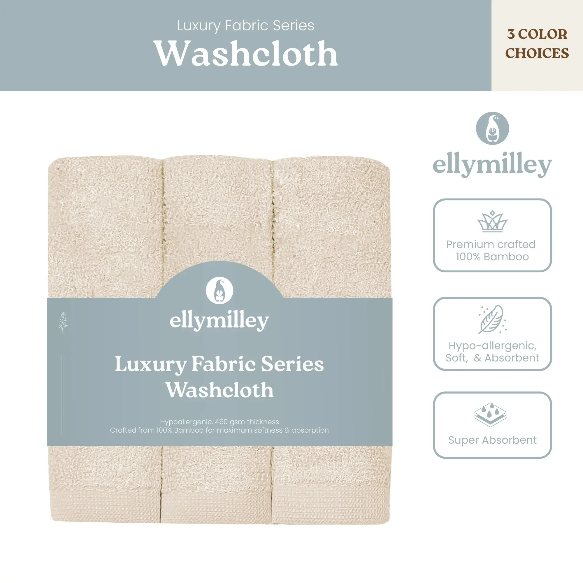 Elly Milley Luxury Fabric Series Wash Cloth, Face Towel, Soft, Absorbent, Organic Bamboo