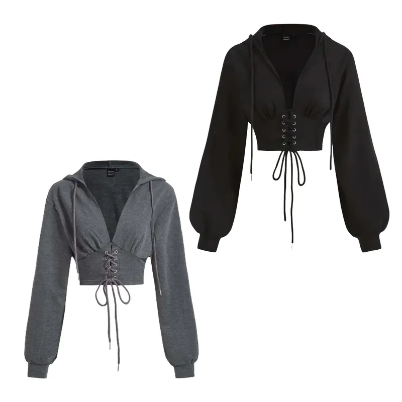 Sweater Crop Polos Basic Wanita - Hitam, Panjang - Dewasa, Serut Depan Padat Masakini Terbaru - Oversize, Lembut, Crewneck, Fleece Sweatshirt Nyaman 3