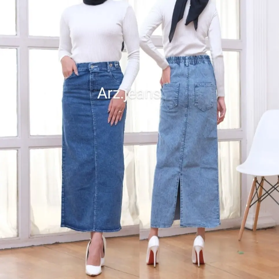 Trend Rok Jeans Theana Bawahan Wanita Street Slimm Tebal Nyaman Denim Panjang Kancing Samping Karet span