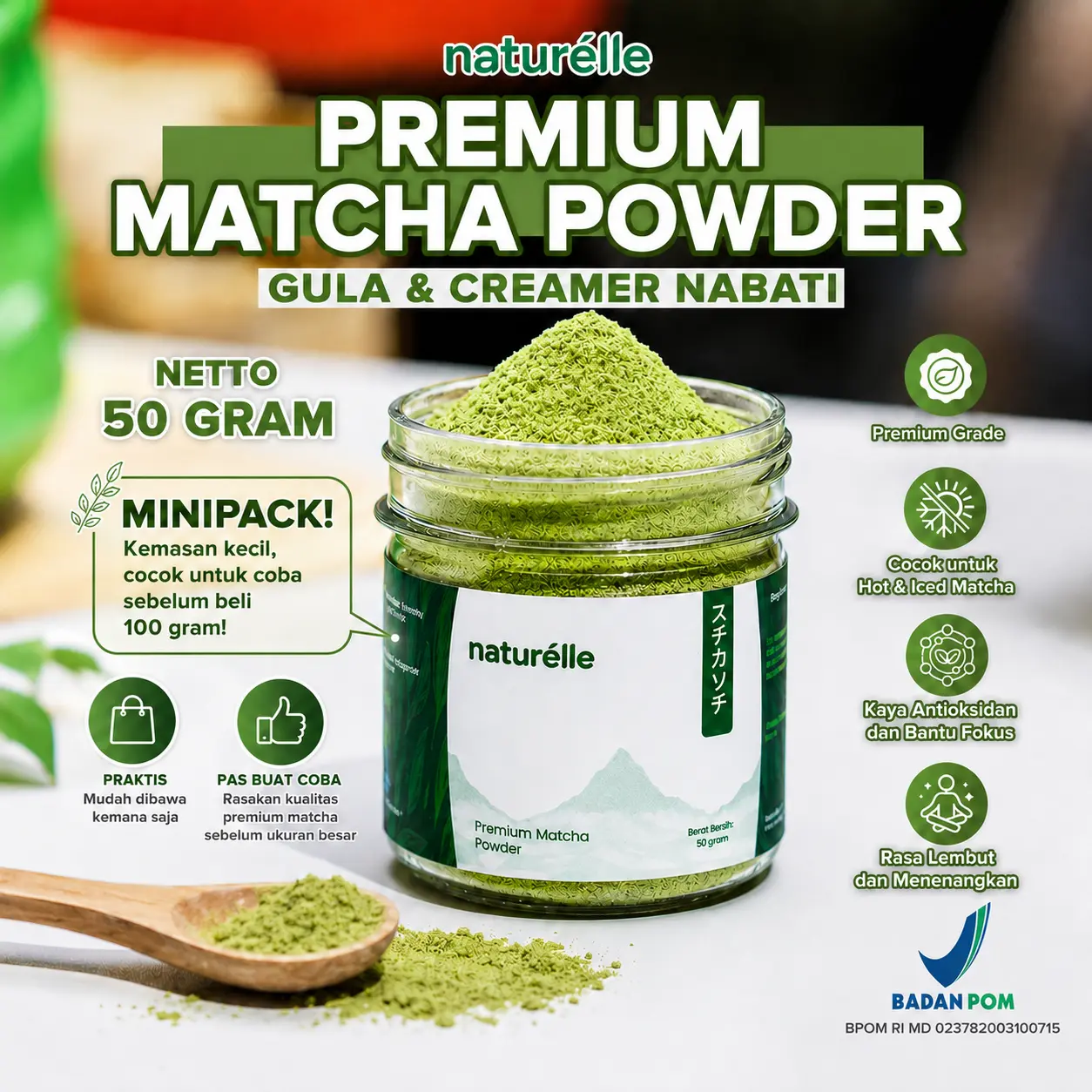 [MINI PACK] NATURÈLLE Premium Matcha Powder 50 Gram Latte dengan Natural Creamer Praktis untuk Hot & Iced Latte Everyday Wellness Bubuk Matcha Jepang Organik - Air