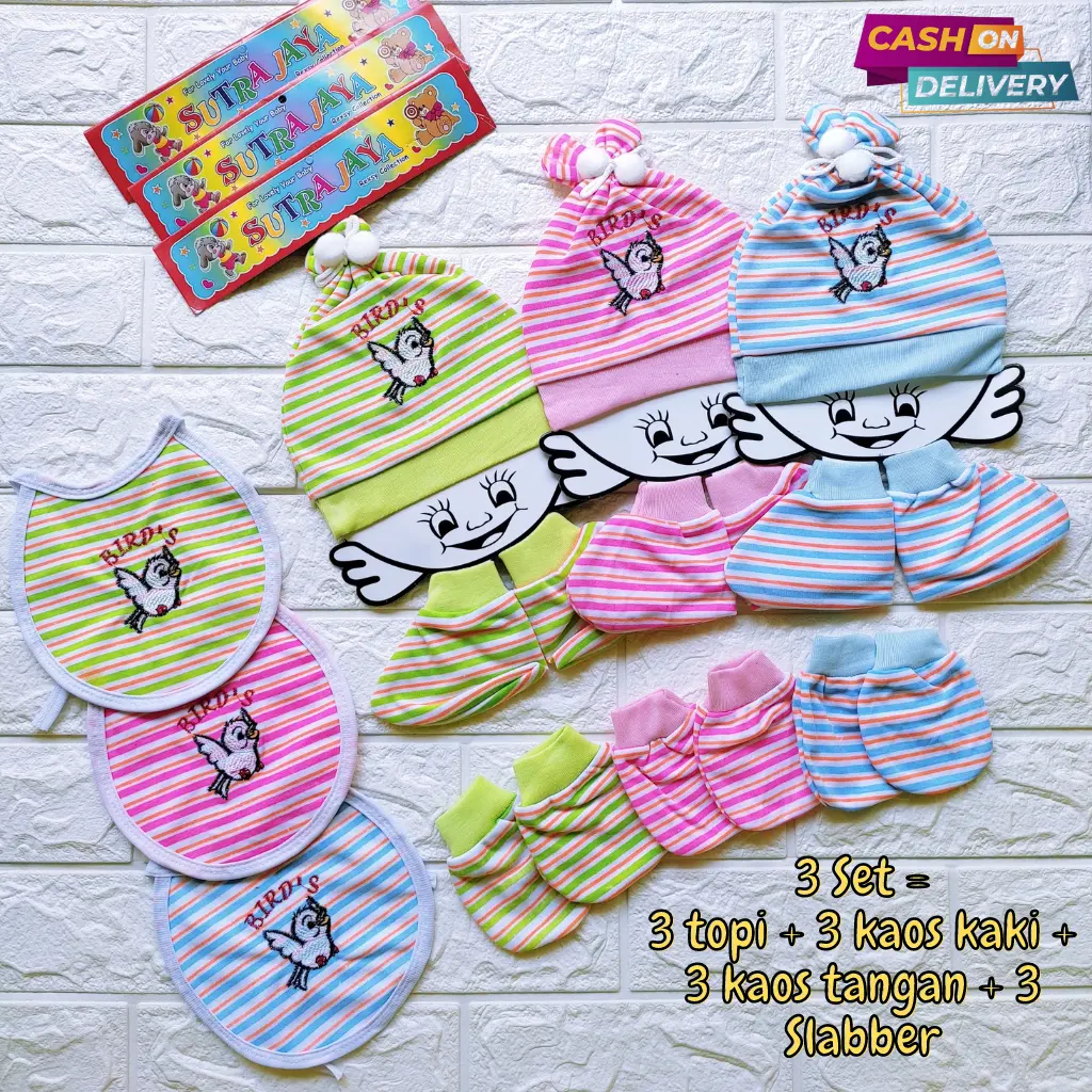 HARGA PROMO..... !!!3 SET Topi Bayi Salur 3 Pasang Sarung Tangan Bayi 3 Pasang Sarung Kaki Bayi 3 Slaber Bayi Baru Lahir