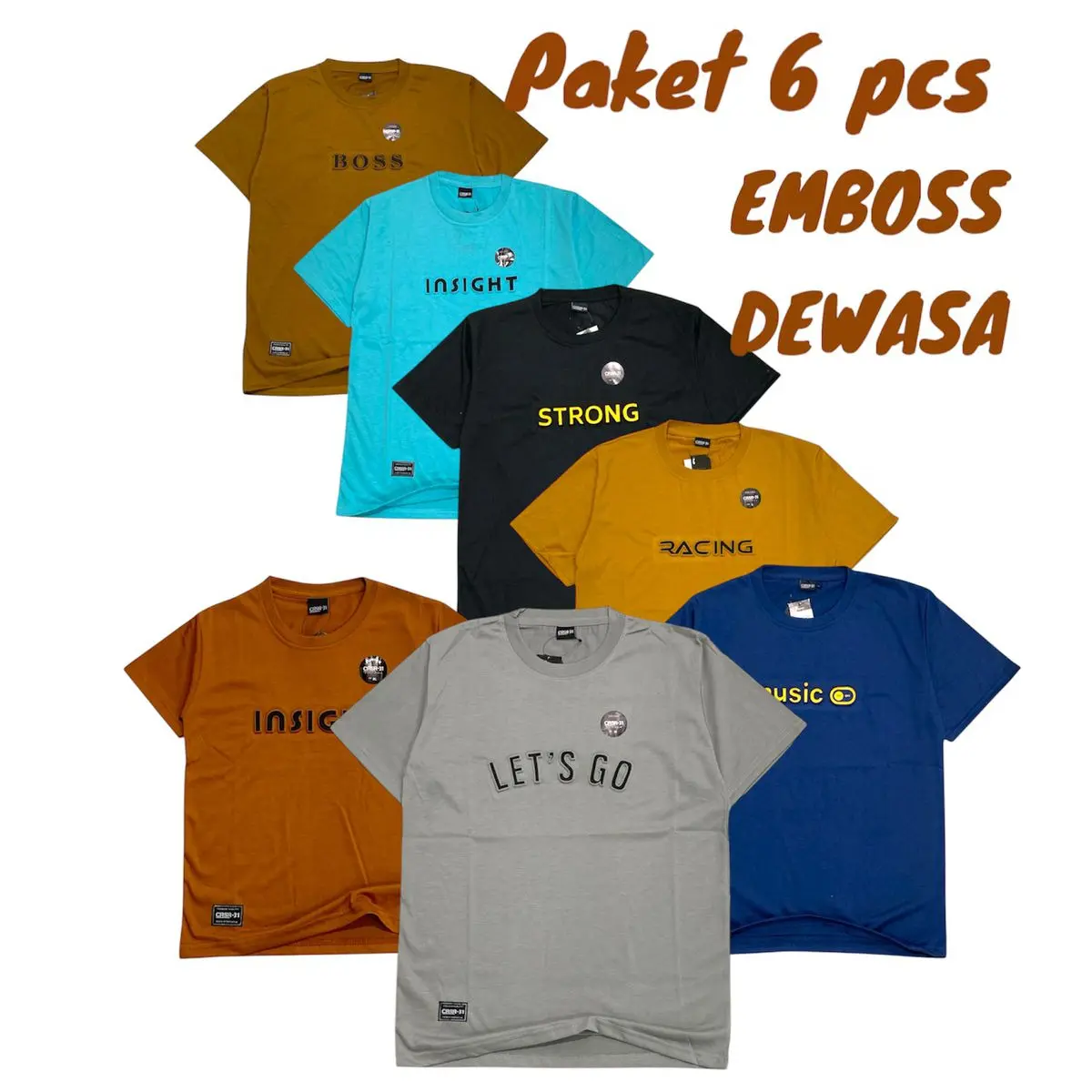 paket 6 PCS kaos Distro motip EMBOSS/TIMBUL bahan semi katun 24s Nyaman Tebal Polos Pria Dewasa Pendek Oblong Kerah Bulat Casual Keren  Tshirt  Baju