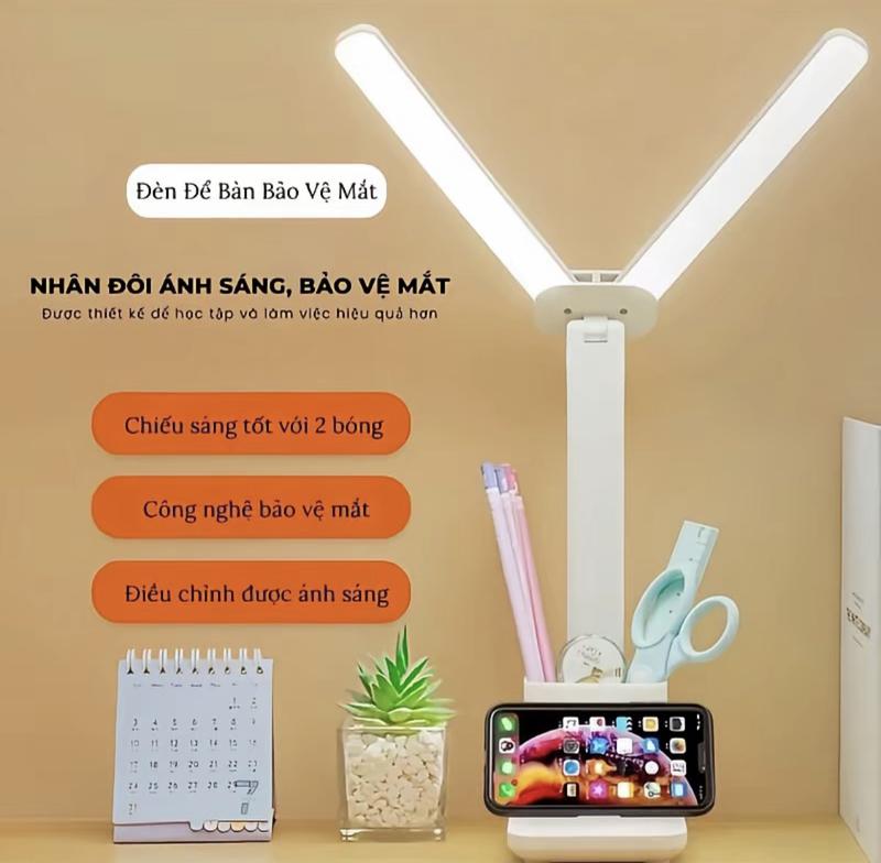 Đèn bàn 2 bóng bảo vệ mắt đa năng có ngăn bút & giá đỡ điện thoại, điều chỉnh ánh sáng linh hoạt, chiếu sáng rộng hoàn hảo cho học tập làm việc tại nhà, phòng trọ
