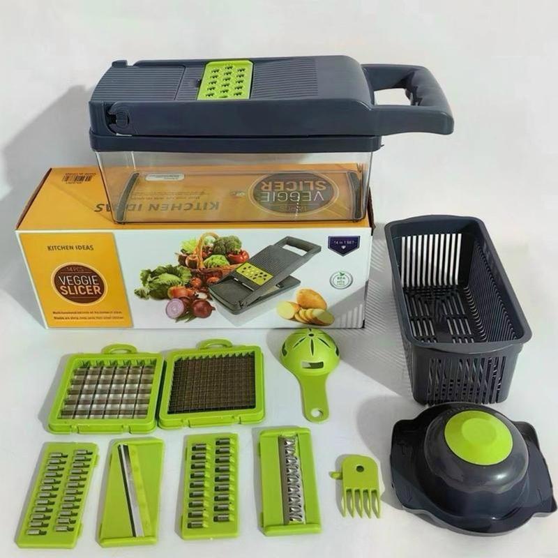 Bộ Dụng Cụ  Nạo Rau Củ Quả 14 Chi Tiết Đa Năng, Có Nắp, Hộp Tích Hợp Dao Cắt Thái Gọt Nạo Bào Sợi, Kiểu Hạt Lựu Tiện Lợi