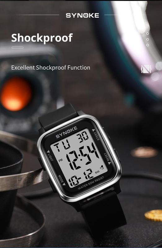 Product Introduction of SYNOKE - นาฬิกาสปอร์ตผู้ชาย กันน้ำ 50M Eletronic LED นาฬิกาปลุกดิจิตอล นาฬิกาข้อมือผู้ชายแบบสบาย ๆ Reloj Hombre 8