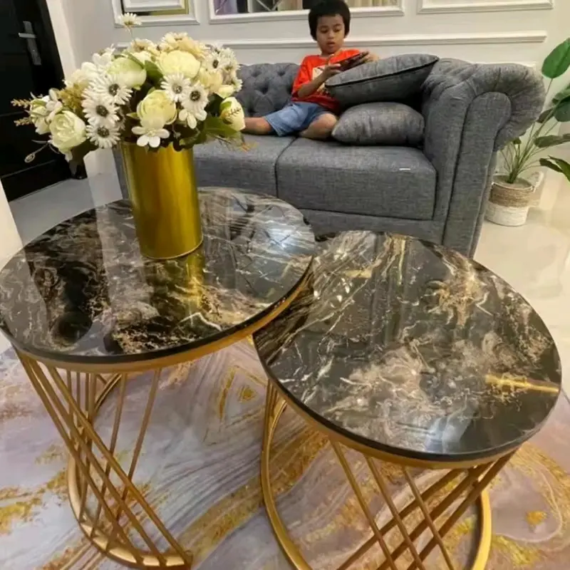 RJP FURNITURE Meja Industrial Besi Kayu Minimalis Sudut Ruang Tamu Modern Estetik - Nesting Golden Black Marble 1