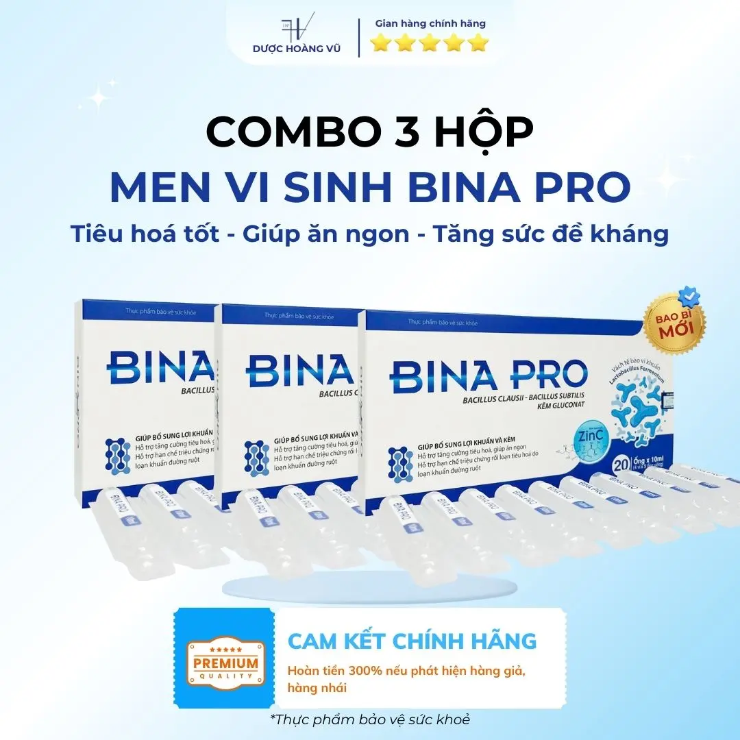 [DHV] COMBO 3 HỘP | Tiêu hóa mượt mà, đề kháng tối ưu - Men vi sinh BINA PRO | Cân bằng hệ tiêu hóa từ bên trong - Tăng đề kháng đường ruột - Hỗ trợ giảm triệu chứng tiêu chảy và chướng bụng, phù hợp cho trẻ em và người lớn. | Hộp 20 ống (10ml/ống)