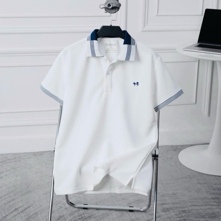 Áo Polo Nam TTMAXX Vải Sọc Ngang Logo Thêu. Bo Dệt Viền cách Điệu , Điểm Nhấn