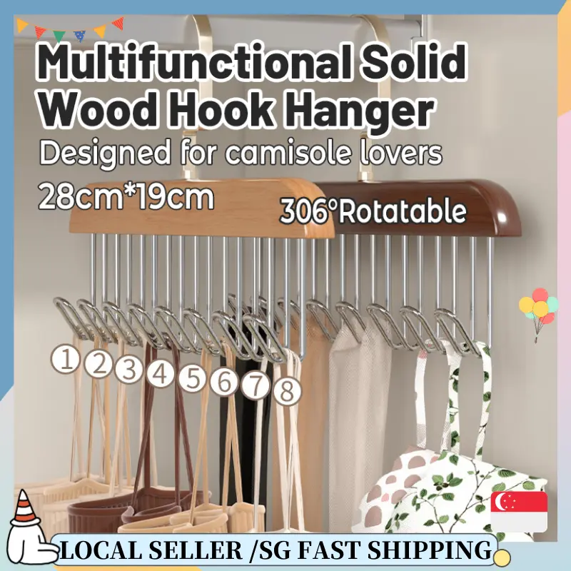 SG READY STOCK Solid Wood Hanger Camisole Clothes Hanger Camisoles Storage Hook Hanger Organiser Hanging Wooden