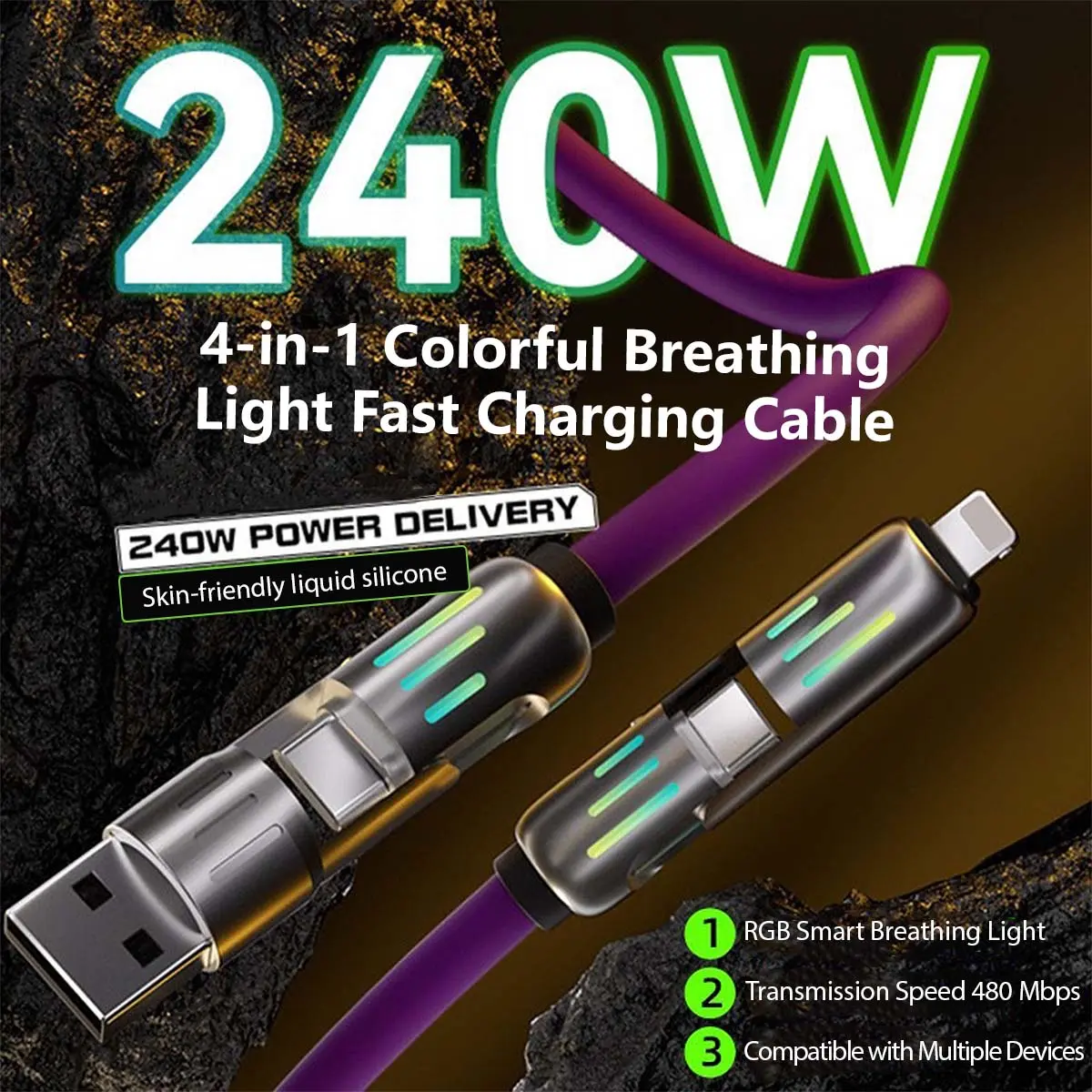【Buy 2 Get 1 Free】240W 4-in-1 Colorful Breathing Light Fast Charging Cable (1m / 2m)