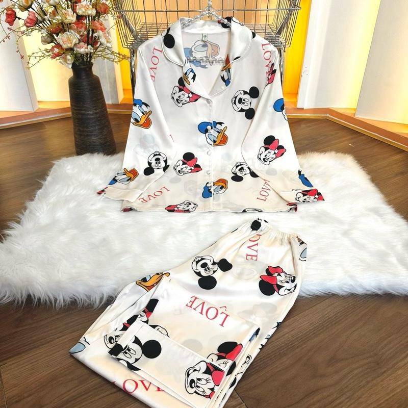 LỤA LATIN SPK K111 (45-85kg)Pijama latin lụa mịn thiết kế hoạ tiết hoạt hình trên nền trắng ngà. , sang trọng, có tay ngắn tay dài Nữ Women Áo Ngủ Quần Ngủ