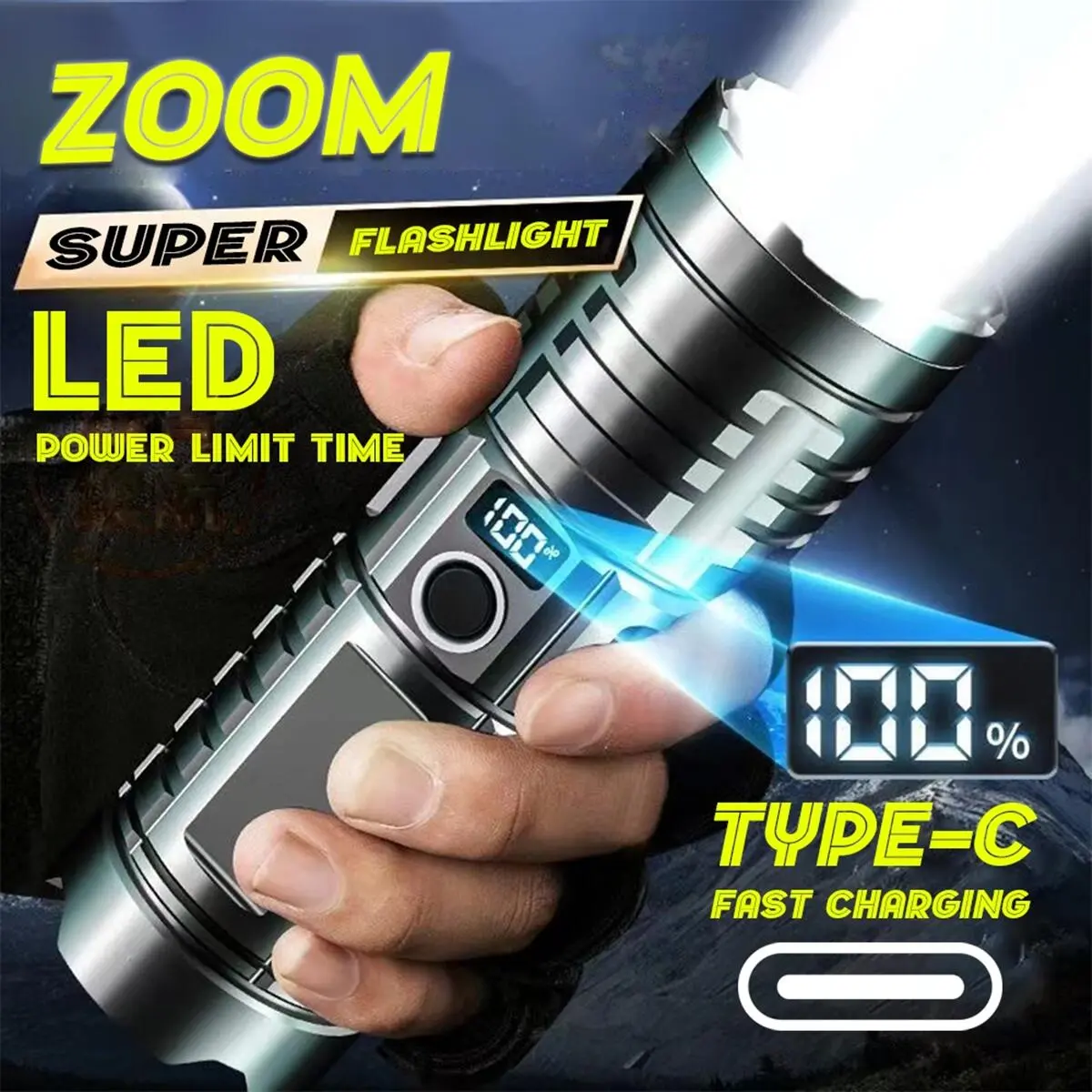 LED Senter Tenaga Tinggi Dapat Diisi Ulang Senter Super Terang F916 10000 Lumens Jarak Jauh Waterproof IPX5 Baterai Lampu