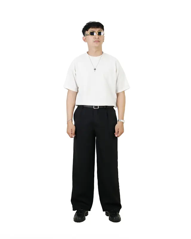 JINSYOU - Celana Trouser Wide Pants Hitam Loose Relaxed Pinggang Karet nyaman Lebar 0