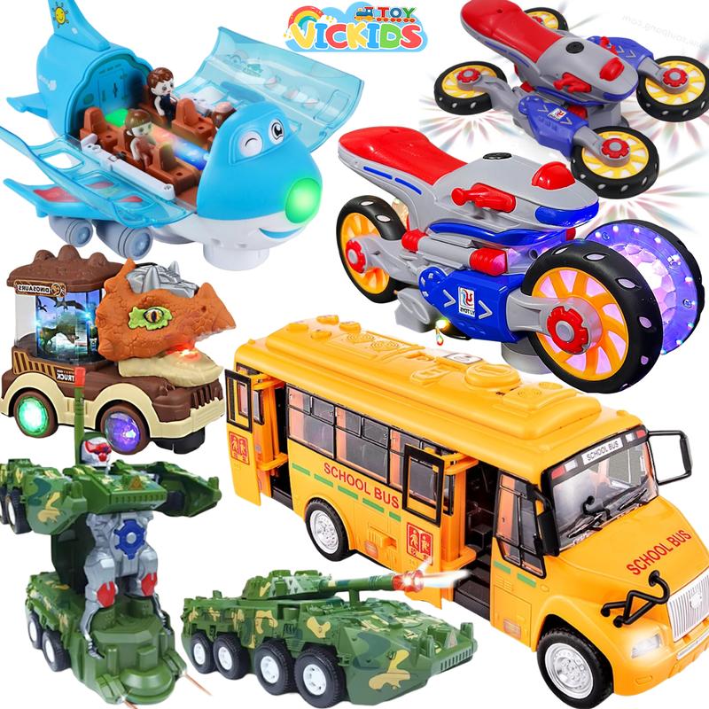 Đồ Chơi Xe Mô Tô Bay Xoay Tròn 360 Độ Cho Bé Xe Tăng Biến Hình Rô Bốt Chạy Pin Máy Bay Chở Khách Xe Tải Khủng Long Có Nhạc Và Đèn Xe Buýt School Bus