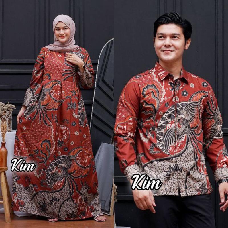 Baju Batik Couple Modern - Sarimbit Batik Kondangan Kekinian - Couple Gamis Batik dan Kemeja Polyester Dewasa Katun Motif Muslim Panjang Pasangan Dress Keluarga Seragam Kombinasi 5