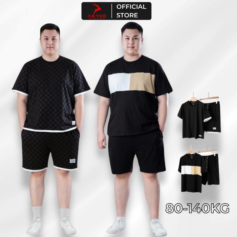 Set Bộ Thun Đen Big Size Nam AKYOO 80 -140kg, cổ tròn tay ngắn, cotton, thoáng mát, thấm hút mồ hôi Menswear Áo + Quần - SET BO T DEN - SET BO D IN