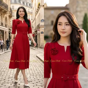 Emma.Butik E00627 Dress Merah Paskah Wanita Polos Paskah Gaun Midi Gereja Formal Kondangan Loma Casual A-line Cantik
