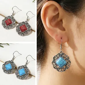[COD] GR Anting Gantung Kotak Etnik Vintage Batu Merah/Turquoise, Warna Perak Antik Gaya Bohemian