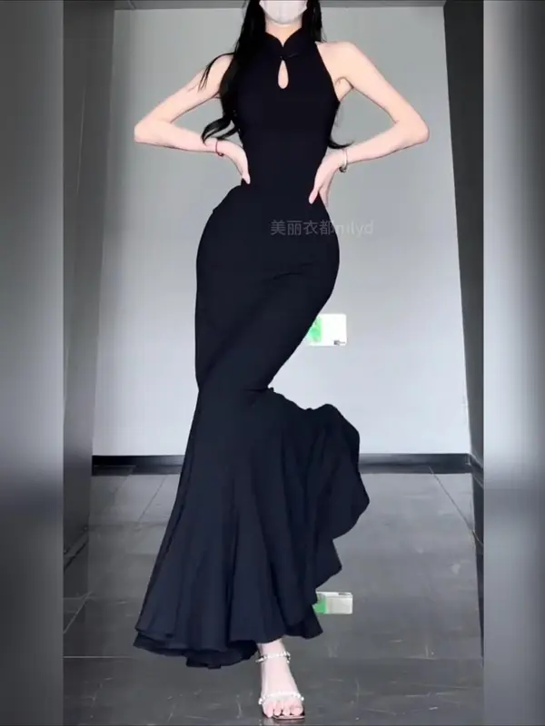 Đầm dài Sườn Xám 2024 Hiện Đại Cho Phụ Nữ Không Tay Bodycon Thanh Lịch Sexy Thiết Kế Thời Trang Quần Áo Truyền Thống Căng Ra Màu Đen tiệc tối buổi tối trang trọng Women Dress 5