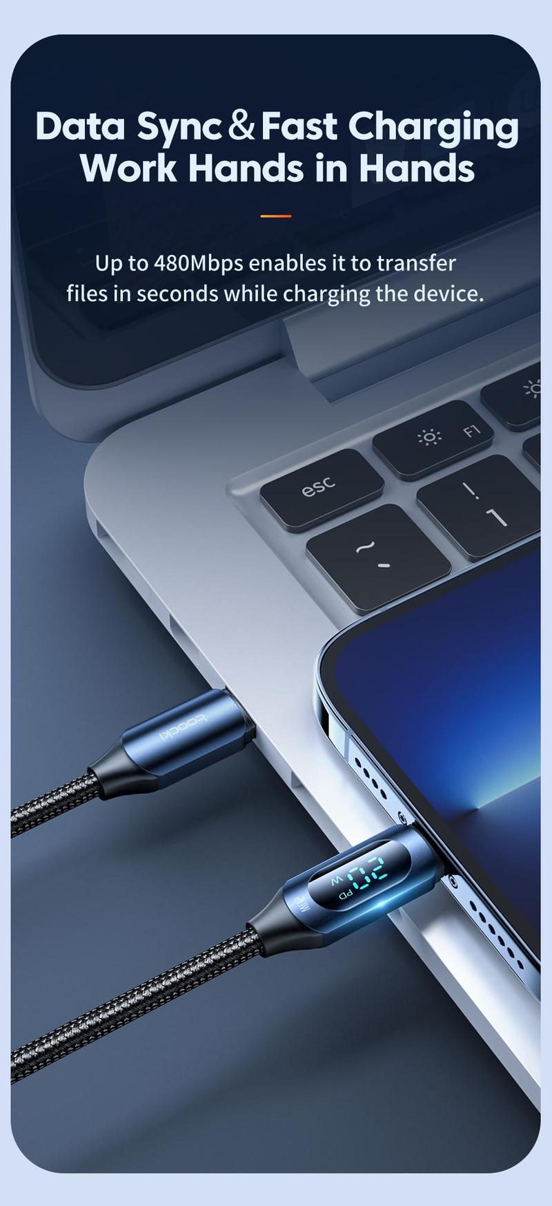 Product Introduction of Toocki Type C to Lightning Cable 20W PD Fast Charging Cable LED Digital Display USB C Cable 480Mbps Transmission Data Cord For iPhone 13 12 11 Pro Max XS X 8 Plus Charger 15