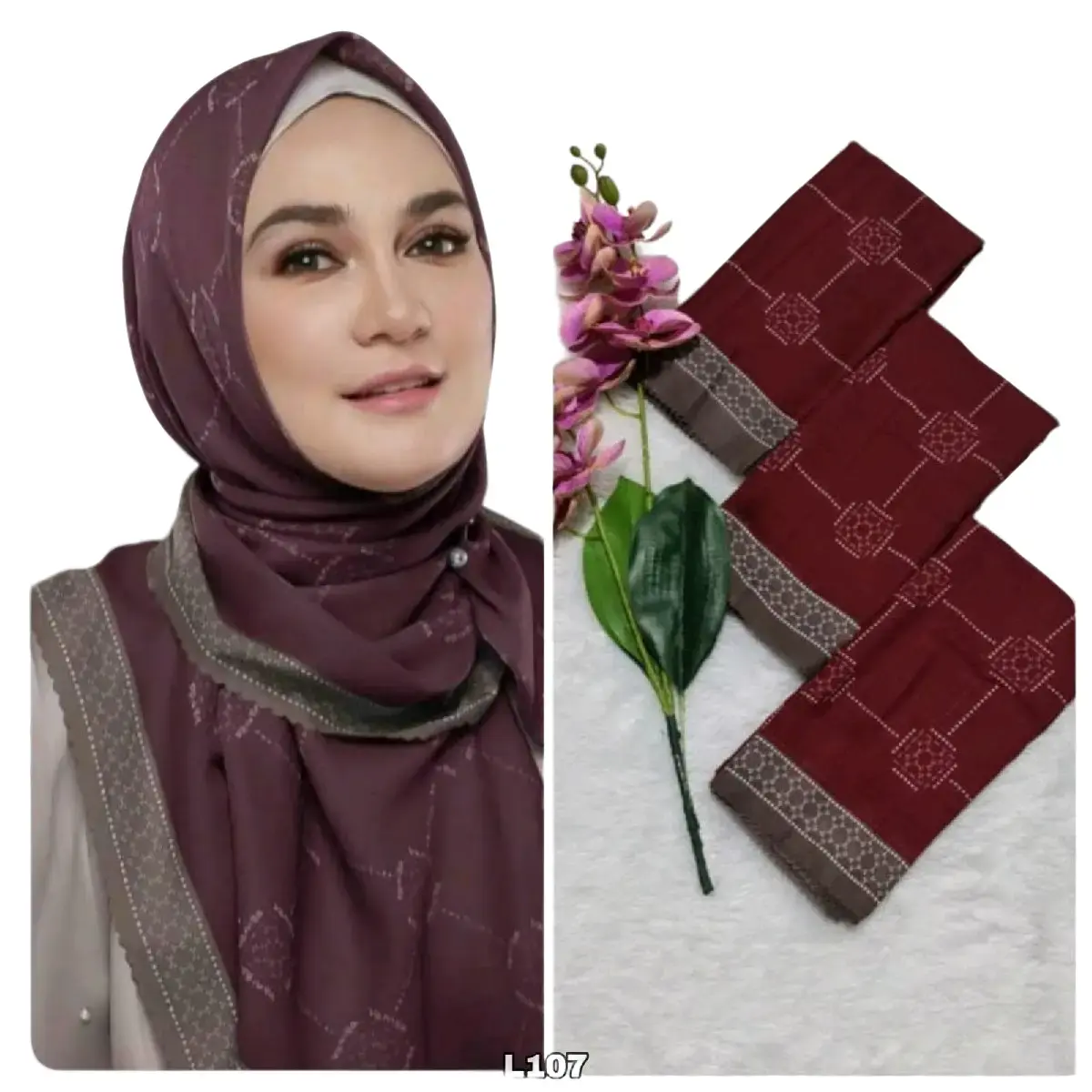 Jilbab Segi Empat Voal Motif Luna Maroon Premium Lasercut - Ukuran Standar Dewasa 115x115 - Nyaman dan Mewah Cantik Muslim Square Kerudung Basic