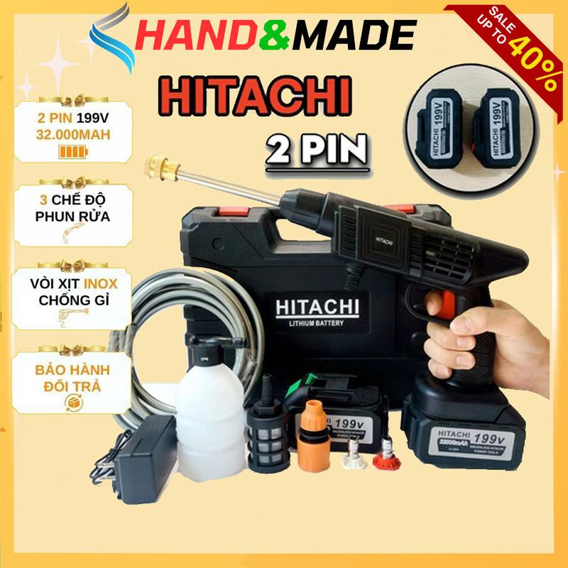 Máy rửa xe Hitachi 199V - Máy xịt rửa cao áp có tạo bọt tuyết, Máy xịt rửa sân vườn. Máy Tưới Cây Lõi Đồng Không Chổi Than, Áp Lực Cao. Bảo hành 2 năm