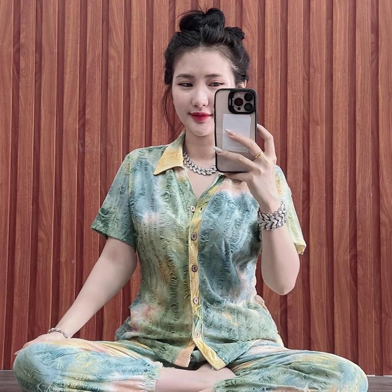 Đồ Bộ Thun rách Màu Kieu Sơ Mi tay ngắn dáng vừa quần bo dài 2