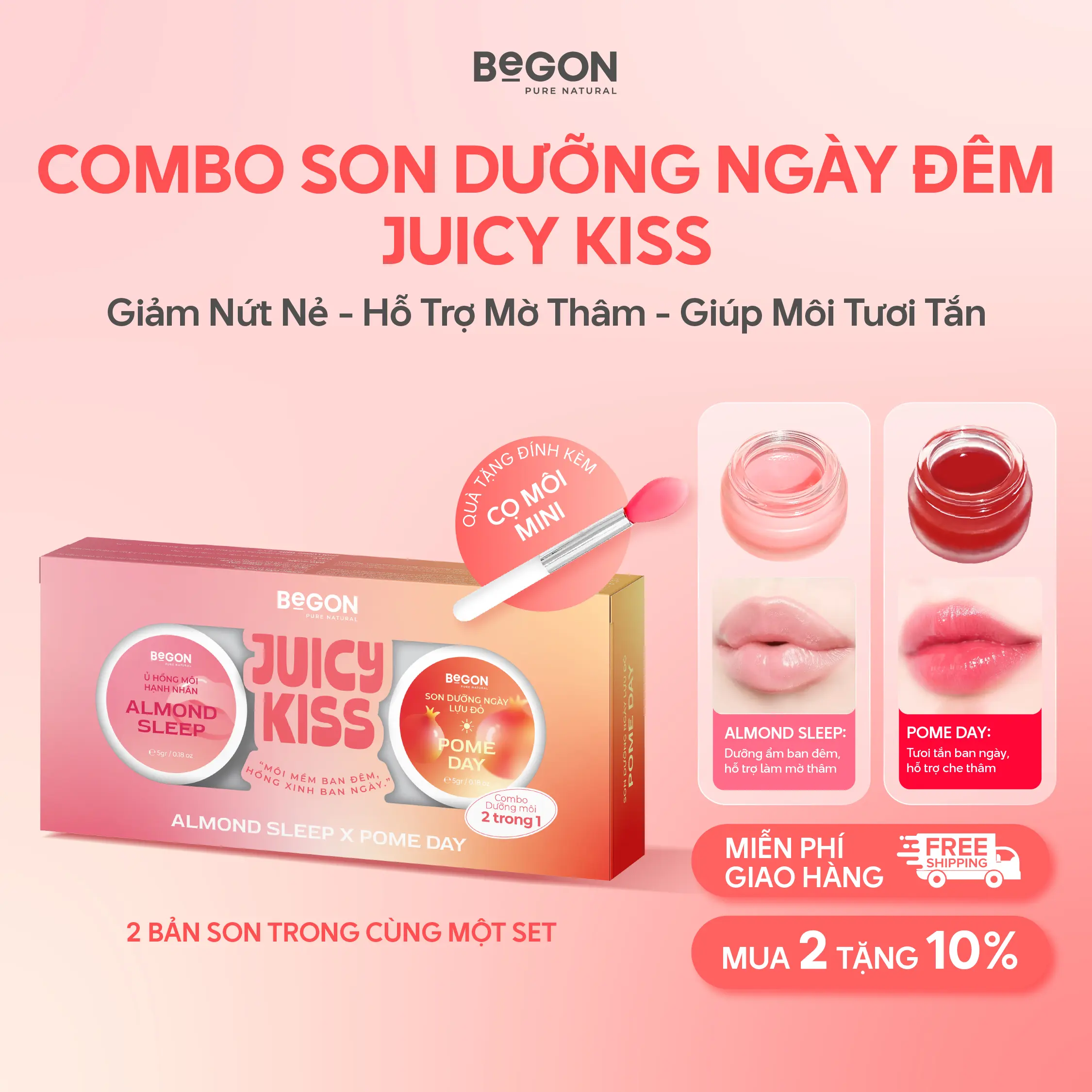 Combo Son Dưỡng Ngày Đêm 2in1 BeGON Juicy Kiss [Son Hạnh Nhân 5g x Son Lựu Đỏ 5g, Hỗ Trợ Dưỡng Ẩm, Làm Hồng Môi & Che Thâm